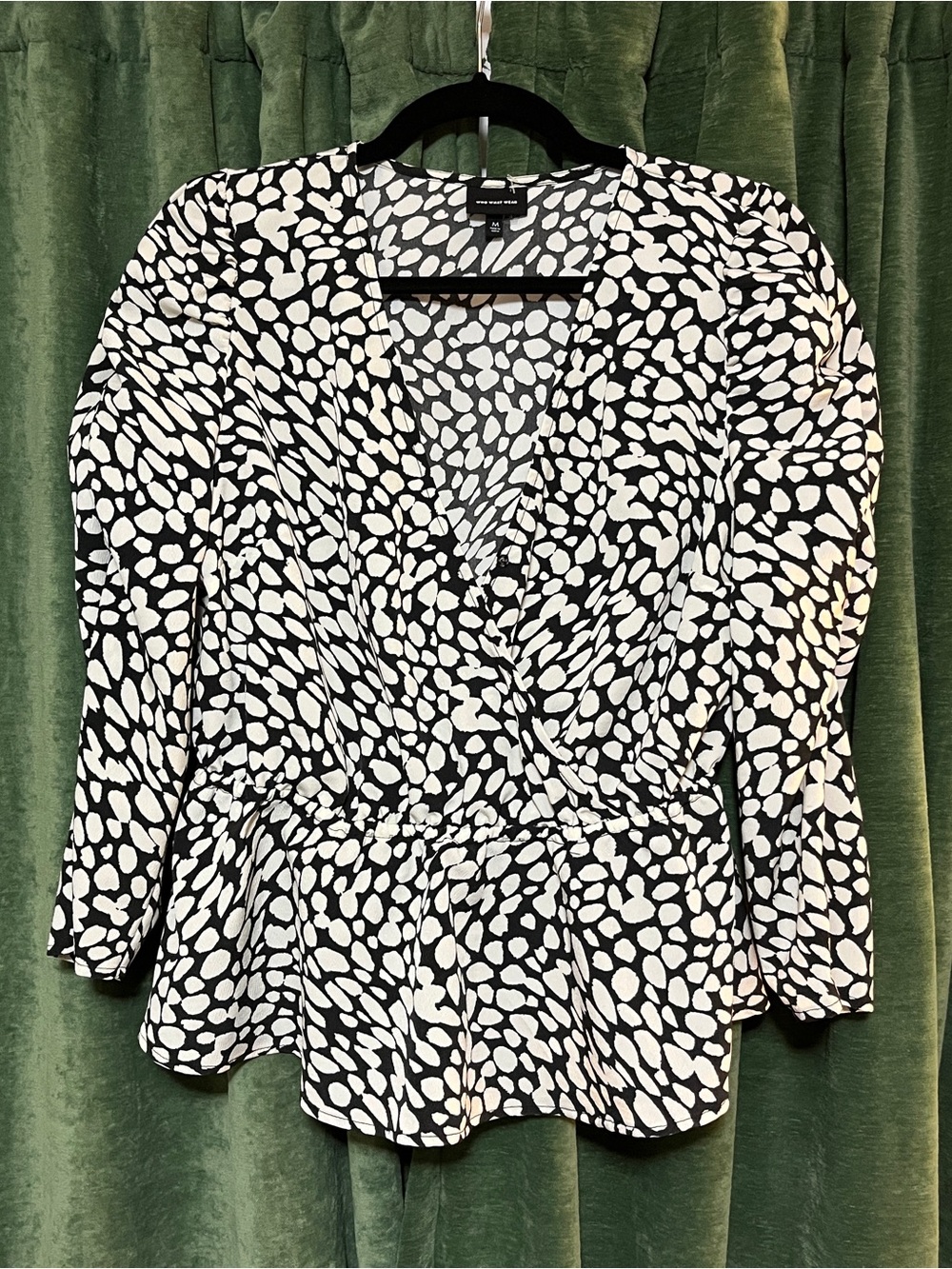 Who What Wear Black & White Printed Wrap Peplum Top